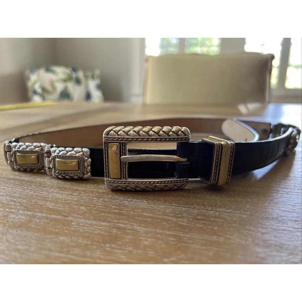 Brighton Ladies Leather Belt Brown Silver Weave Gold Accent Med 36